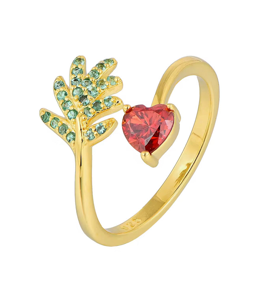 GREEN EMERALD PALM TREE AND RED CHERRY RING